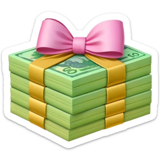 Bright Green & Golden Yellow Gradie ntAustralian $100 notes stacked together and wrapped in a girly pink bow sticker