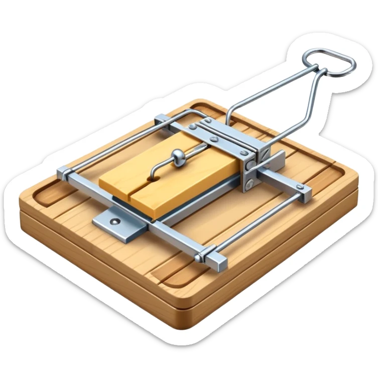 A 3D emoji in iOS emoji aesthetic style of a classic mousetrap without cheese, showing a wooden base and metal spring mechanism, clean minimal design, bright lighting, glossy Apple-style look, white background. sticker