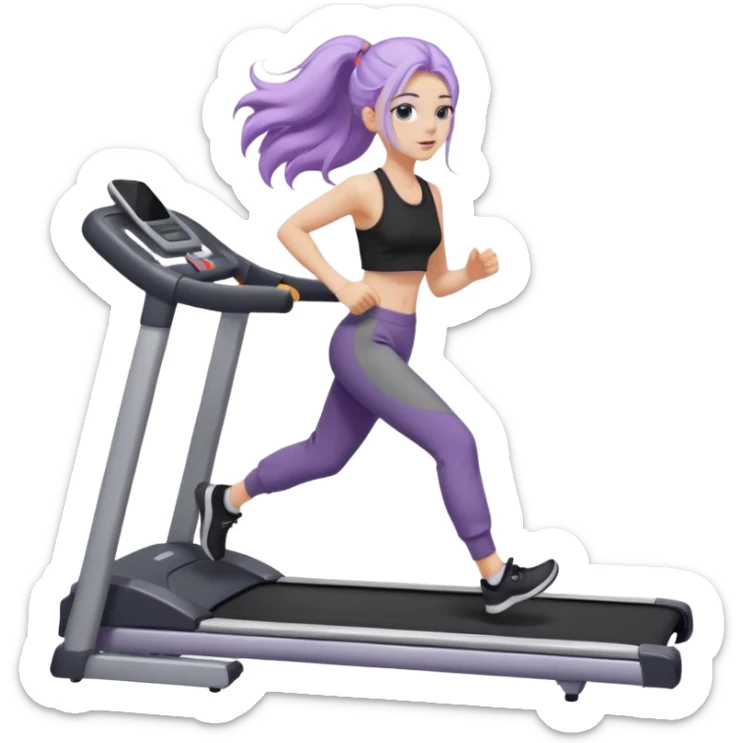 Девушка белокожая на беговой дорожке, с длинными светло-лиловыми волосами, в черном топе, в серых спортивных штанах, с черными ресницами sticker