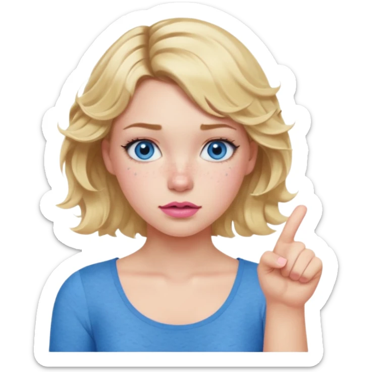 Girl Blonde short wavy hair,  blue eyes, cute blue top, long lashes, pink lips, thumbs down  sticker