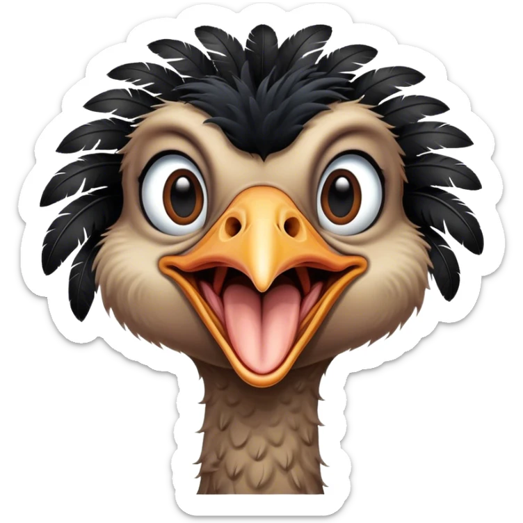 A cute cartoon adult male ostrich with black feathers. Mouth open. sticker