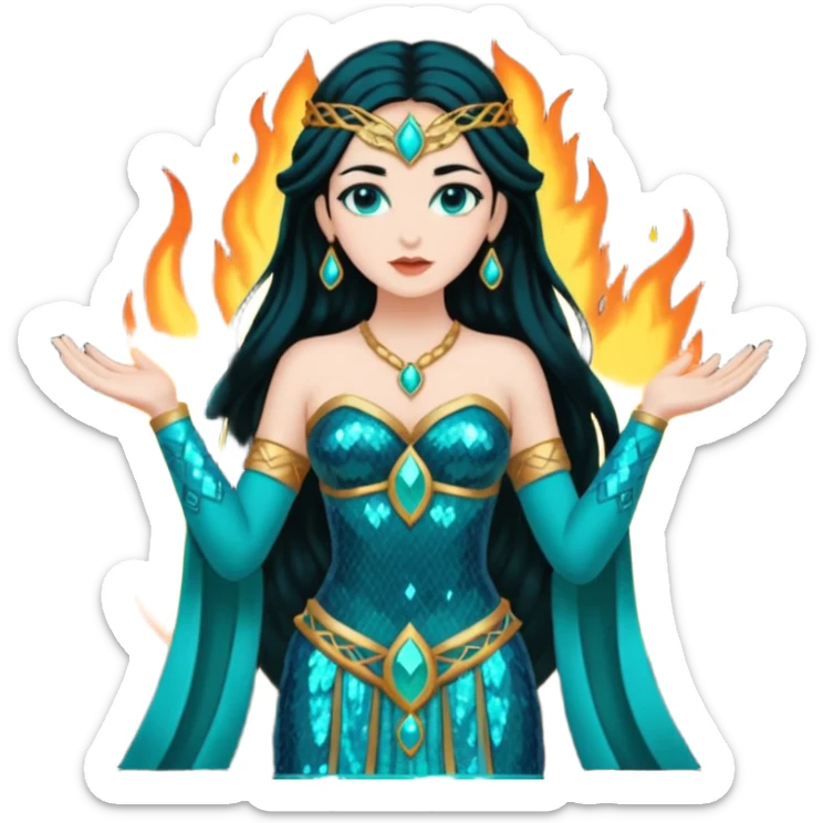 Salacia, Goddess of Hearth from Gods and Goddesses with long black hair, teal sequin outfit sticker