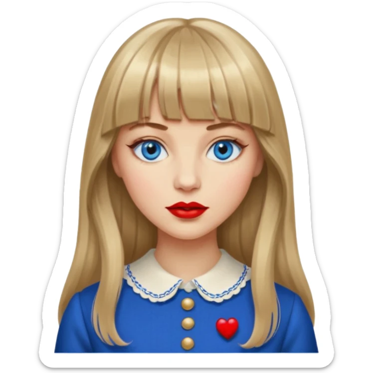 Woman with long dark blond hair and bang, blue eyes, vintage clothe emoji sticker