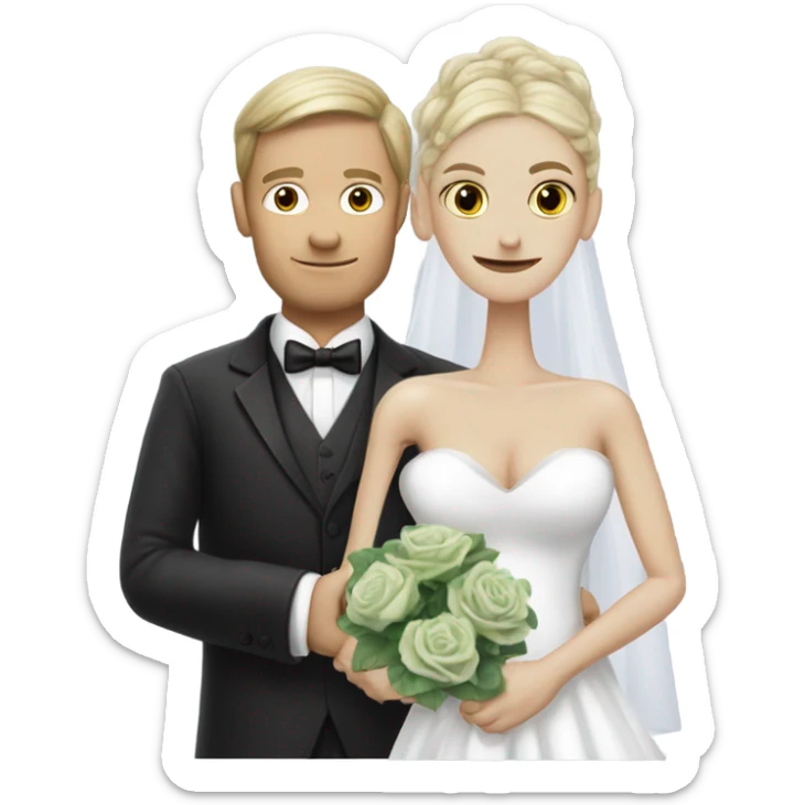 White humman man in a tuxedo, holding Alien reprilian woman in wedding dress, and one , hands getting married sticker