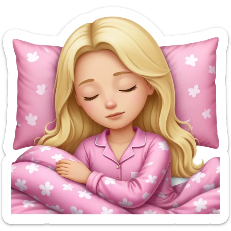 One adult blond girl with long hair in pink Pajamas is sleeping in the bad  sticker