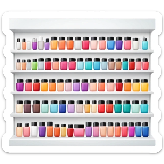big beauty salon showcase with well-organized brand-labeled beauty products on a white shelves sticker
