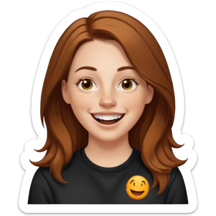 A 38 year old white woman with long brunette hair parted in the middle. She has her nose pierced. Her nose is medium sized. She has brown eyes. She has freckles and is wearing a black sweatshirt and is laughing  sticker