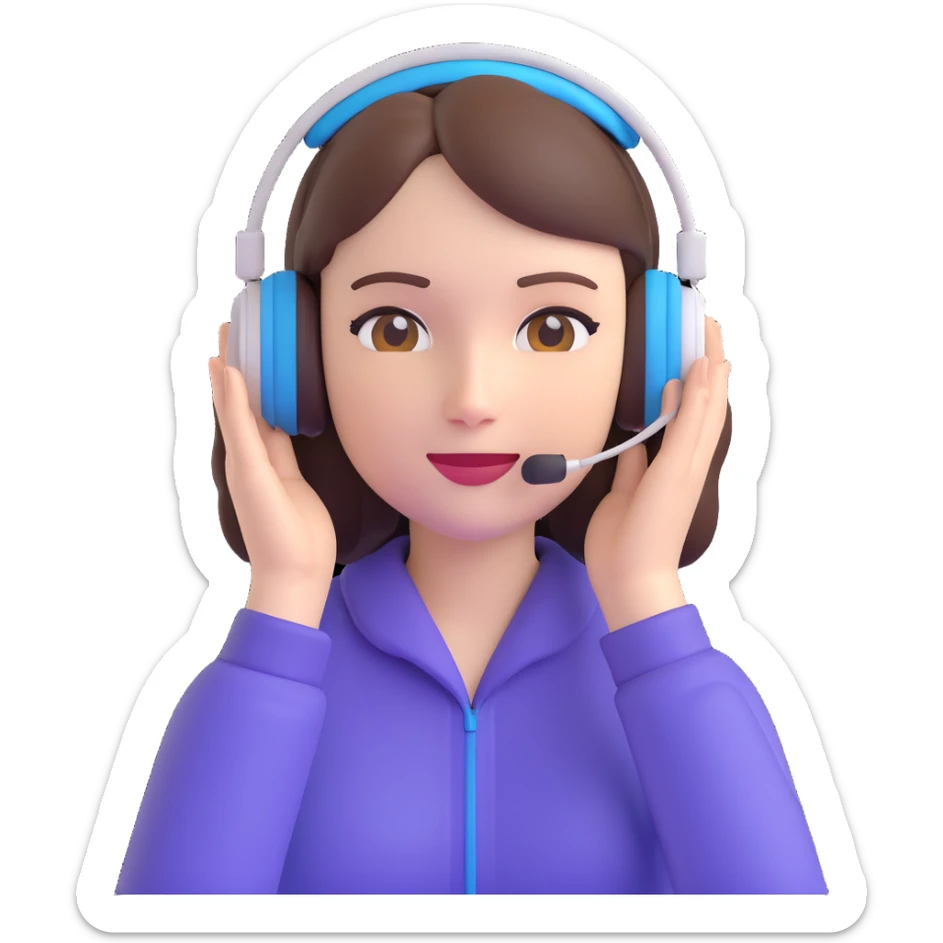 female junior sales professional, pale skin, brunette hair, nice clothing, wearing a headset, emoji style sticker