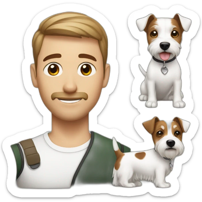 Man with modern hair cut with brown haor with green eyes hair with jack russell terrier dog sticker