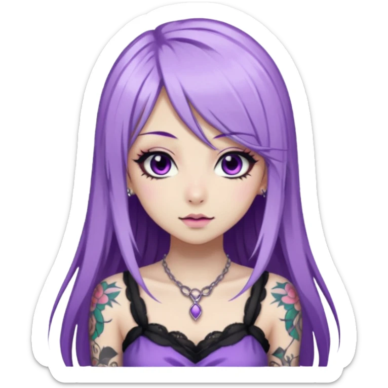 hime gyaru girl, long straight white and purple hair, tattoos, dark makeup,  sticker
