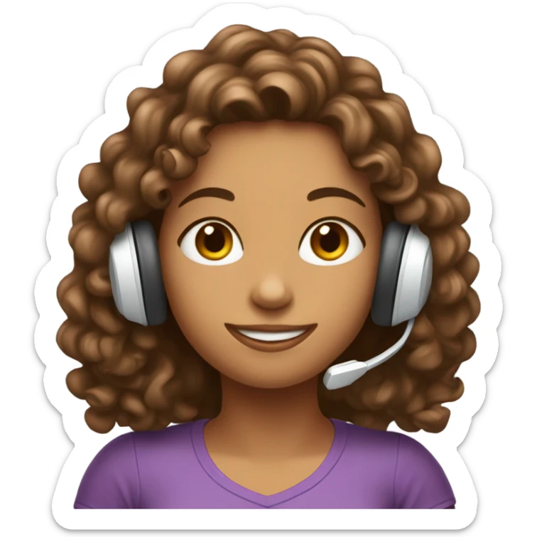 Tanned girl with long curly hair with gaming headset and coffee sticker