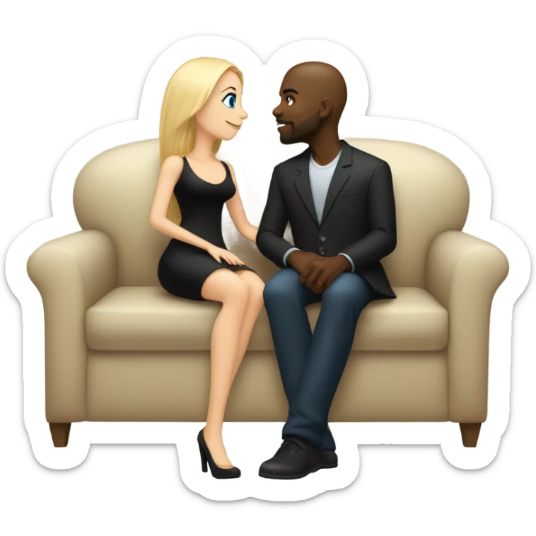 Blonde woman with blue eyes and long straight hair wearing a short black dress and a black man who is bald with a goatee seated together on a sofa enjoying a loving kiss.   sticker