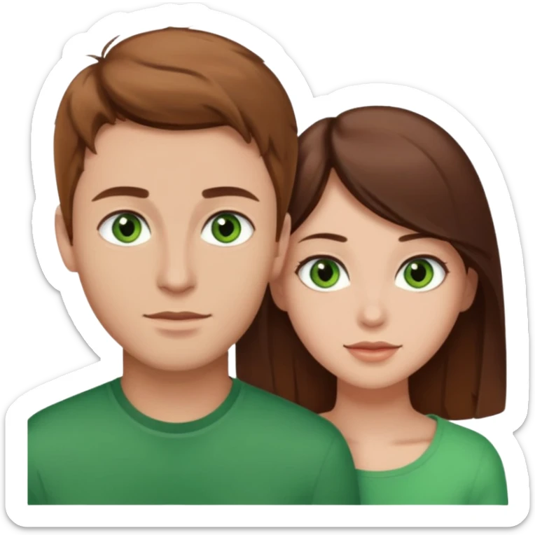 A boyfriend with light brown hair and green eyes next to his girlfriend with dark brown hair and brown eyes sticker