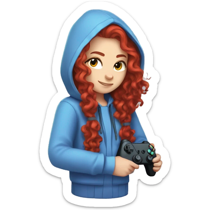 a white girl with long red curly hair, wearing periwinkle Minecraft hoodie holding a controller sticker