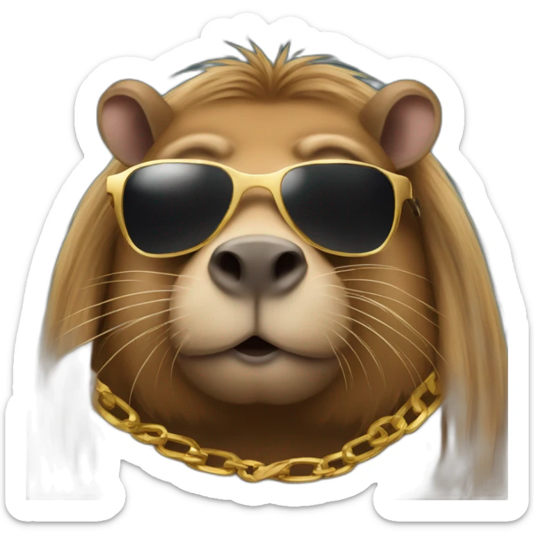 A capibara with sunglasses and a gold chain and long hair driving a car sticker