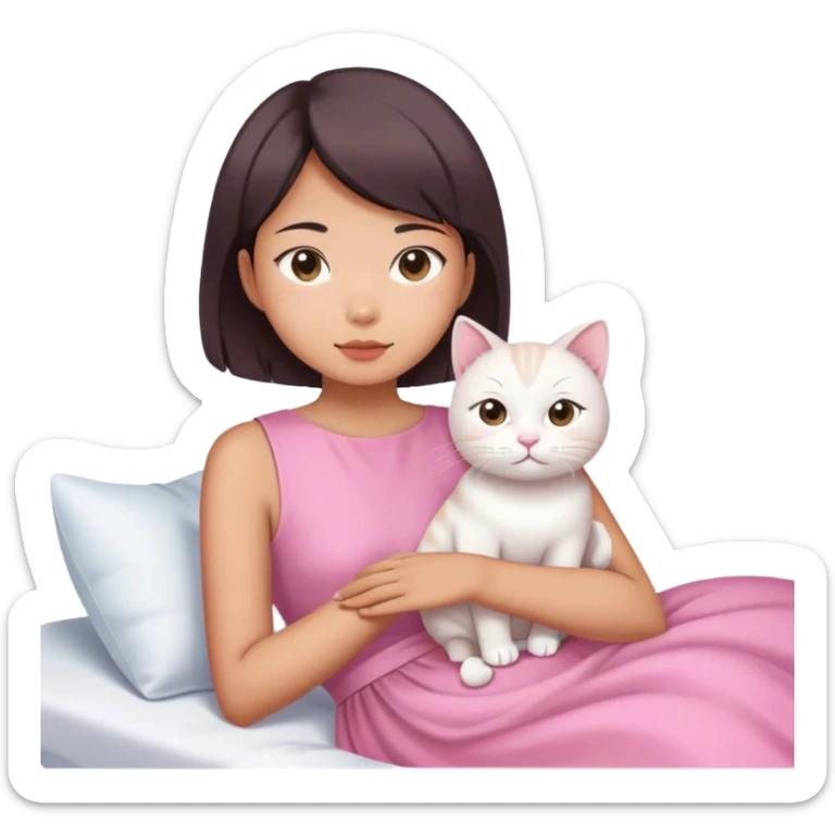 Short hair Asian girl wake up with white cat in pink dress  sticker