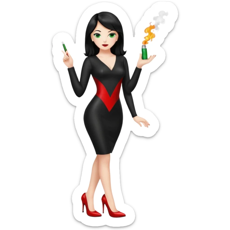 🕵🏻‍♀️💦🧥 black hair , green eyes , full body , red high heels , black latex dress , 🖕🏻🚬 sticker