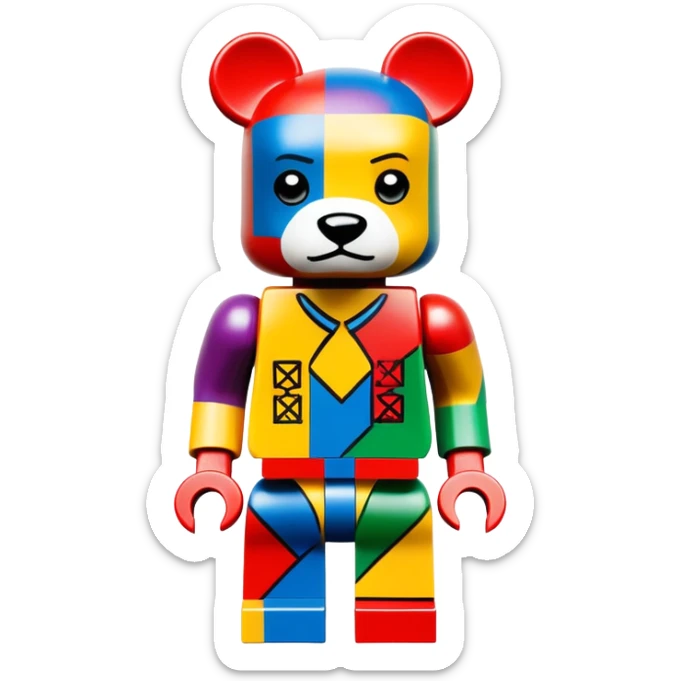 Lego style hustler bearbrick toy figure with X symbols for eyes, blocky Lego aesthetic, graffiti prints sticker