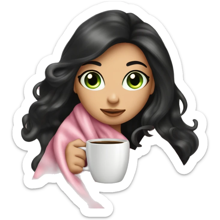 Pretty woman very long black hair green eyes curled up in a pink blanket with a coffee mug  sticker