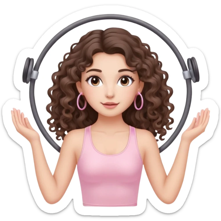 cute balayage brunette long hair curly/wavy haired girl, hoop earrings, clean girl makeup DOING pilates EXERCISE with a cute pastel pink set sticker