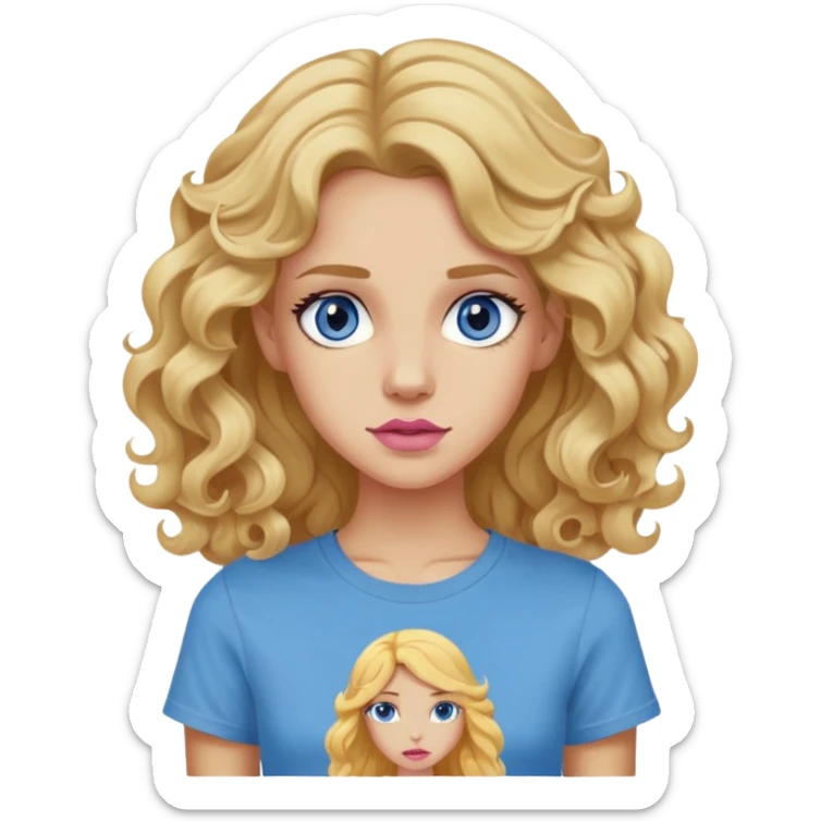a skinny woman, long princess curls golden blonde hair, blue-gray eyes, pinkish lips, tan skin, wearing a camp half-blood t-shirt,  sticker