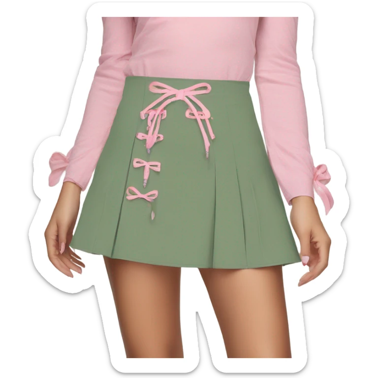 Sage green a-line mini skirt with pink lace up on the sides and bows and embroidery, isolated sticker