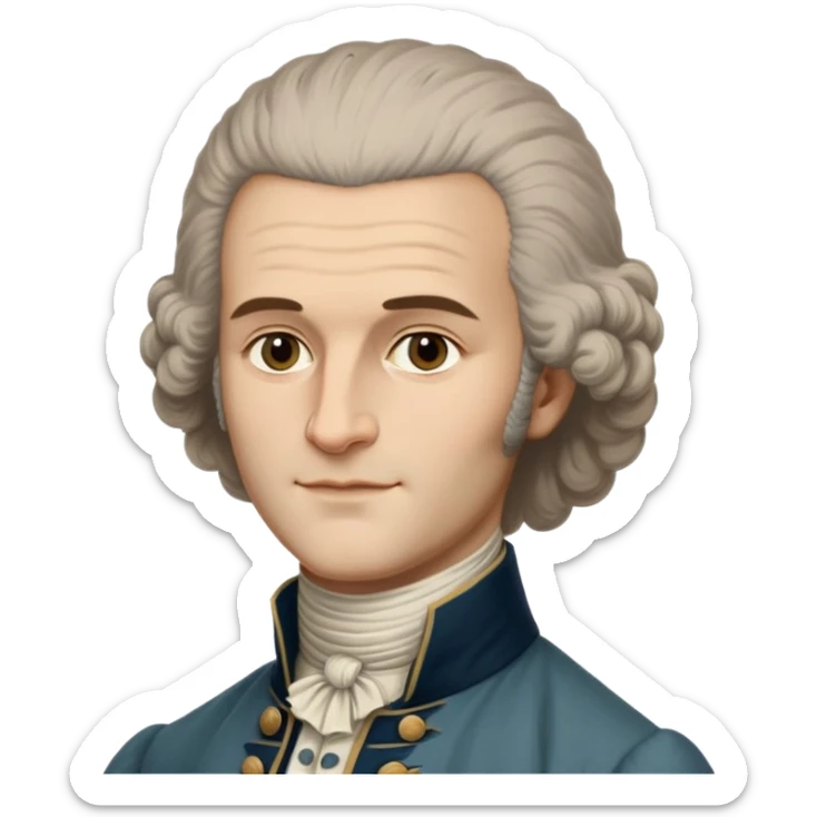 portrait closely resembling historical paintings of Jean-Jacques Rousseau, 18th-century powdered wig, high forehead, gentle eyes, subtle smile, period-accurate clothing sticker