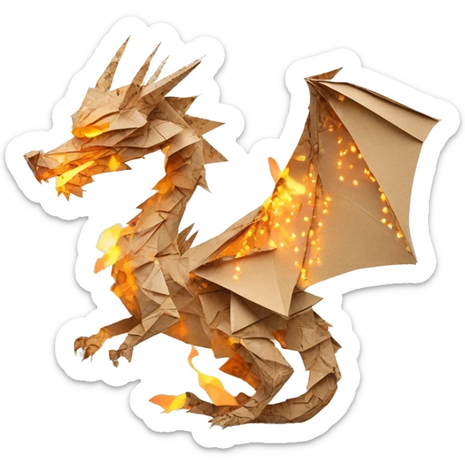Charred flaming Beige Origami dragon made of newspapers on fire letters on fire burnt paper surrounded by fairy lights swirls covered in dried flowers bokeh floral flowers fire flames sticker