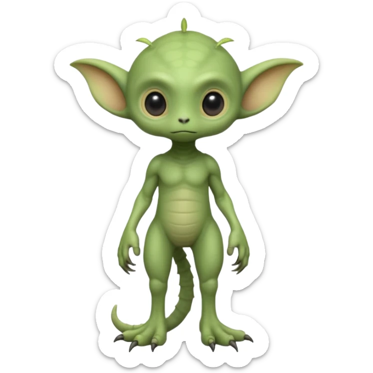 full body cute roughly humanoid peacefull alien furry with 2 legs and eye stalks stands upright and looks intelligent ...wears clothing. not green..looks happy and cudly... doesnt have eyes on face, there is a stalk coming from top of head with a single large eye sticker