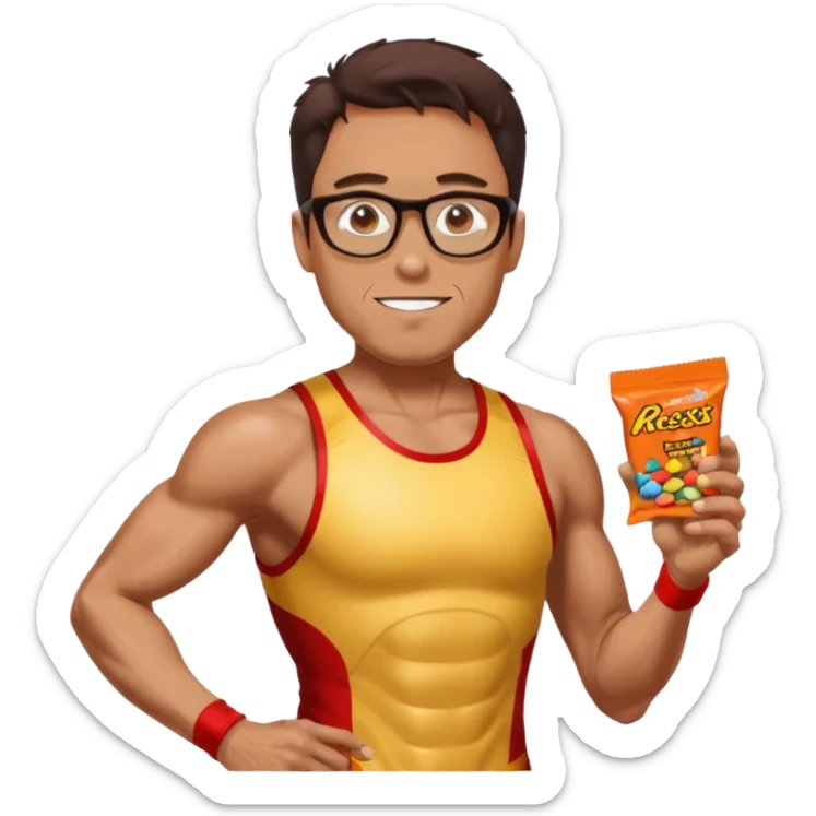 Ironman athletic built wearing a singlet, tan, sutro glasses, half tights, gels for running and loves recess pieces and watching tv but also a social worker sticker