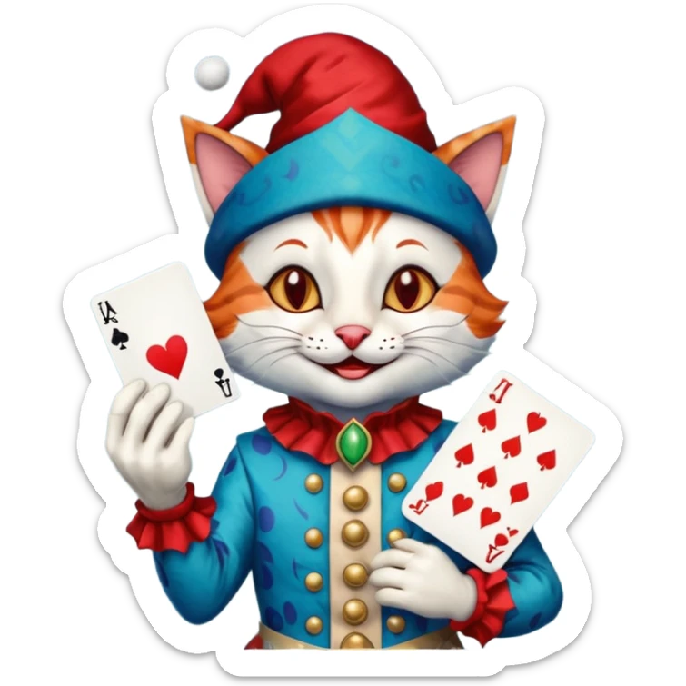 crazy colorful cute little cat jolly joker from poker, medieval, vintage, court jester, mac os icon, blue color, holds a single poker card on the right paw sticker