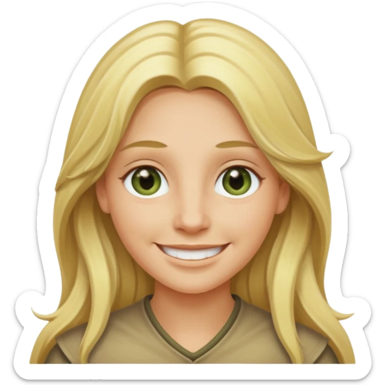 blonde with long hair and swamp-colored eyes, smiling, iOS Apple emoji style sticker