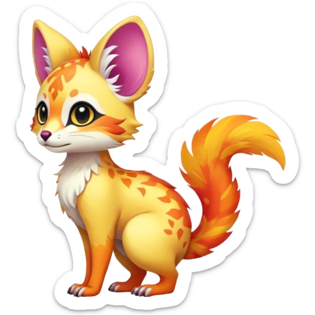 Feral Rare Fantasy vibrant colorful tropical cute, kawaii, cool, ed Vernid-Trico-species by LiLaiRa, random markings, tufted tail, tufted ears, full body, cheek markings sticker
