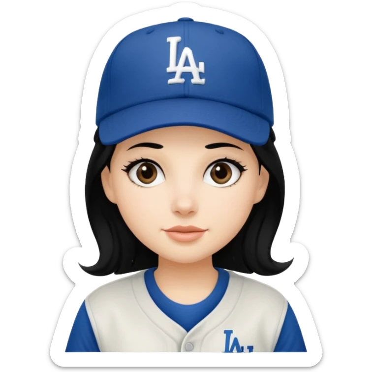 Can you make an emoji of a girl with fair skin with black hair wearing an LA dodger hat sticker