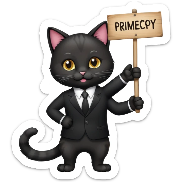 A cat in a black business suit holds a sign with the inscription "PrimeCopy" with one paw and shows a like with the other paw sticker