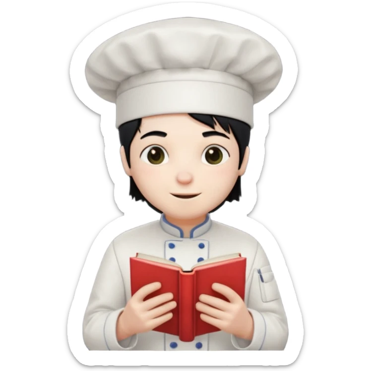 ["A happy man with pale skin, straight hair, wearing a chef hat and no glasses, dressed in goth fashion, is reading a book while holding a camera."] sticker