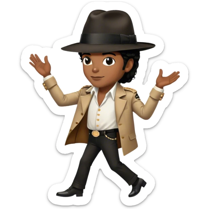 Icon for R&B Music: Michael Jackson in his iconic pose at the end of a song, head tilted, holding his black fedora with one hand. He stands in profile, embodying the smooth and soulful energy of R&B. Musical notes surround him. Transparent background. sticker