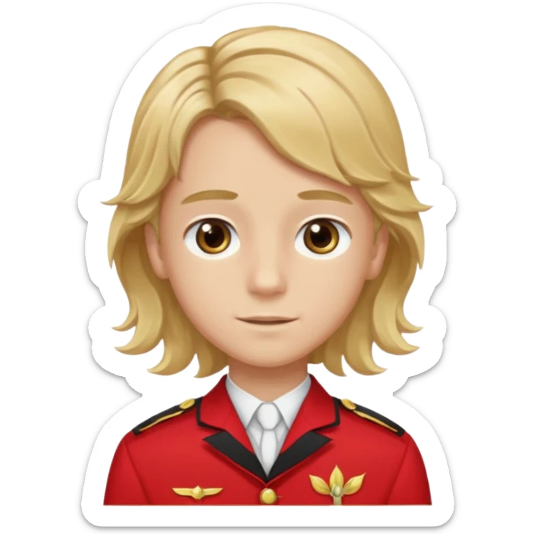 SARI SAÇLI SAÇININ YARISI SOLA DOĞRU DİĞERİNİN SAĞ TARAFTA AMA DÜZ DURAN KAHVERENGİ GÖZLÜ UZUN KİRPİKLİ BUĞDAY RENKLİ KIRMIZI ÜNİFORMALI BİR ERKEK ÇOCUK sticker