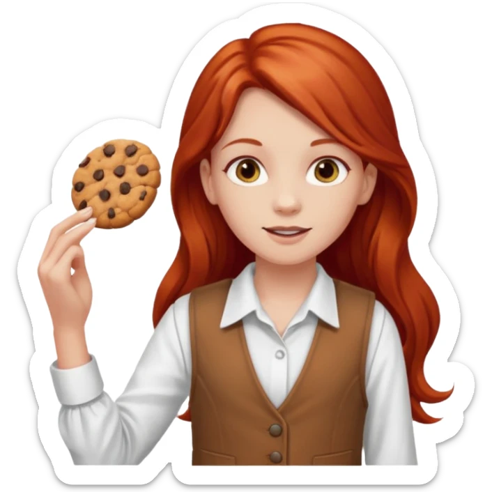 white girl scout with red long hair selling cookies with a brown vest and white shirt under vest. She should be around 10 years old sticker