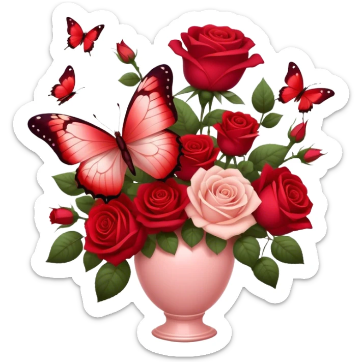 Ethereal butterfly with Crimson and Burgundy wings resting on a Scarlet bouquet of Roses in a Soft Blush color vase, surrounded by a dreamy red-hued ambiance. sticker