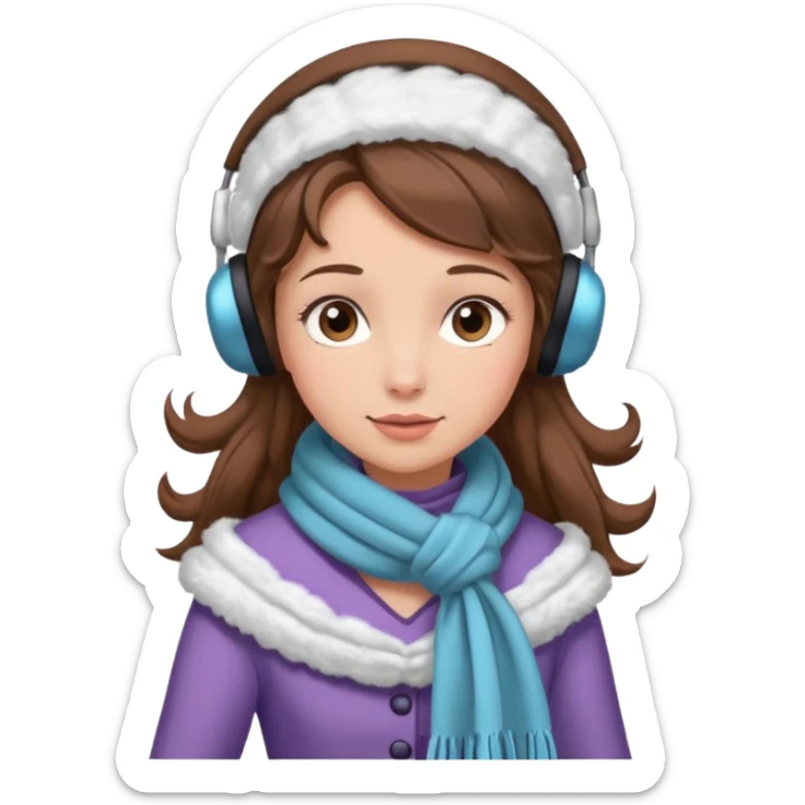 Victorian ice skater in a long dress. She is wearimg a scarf and earmuffs. She has brown hair. sticker