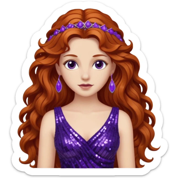 Persephone from Greek Mythology with long auburn wavy hair, dark purple sequin dress sticker
