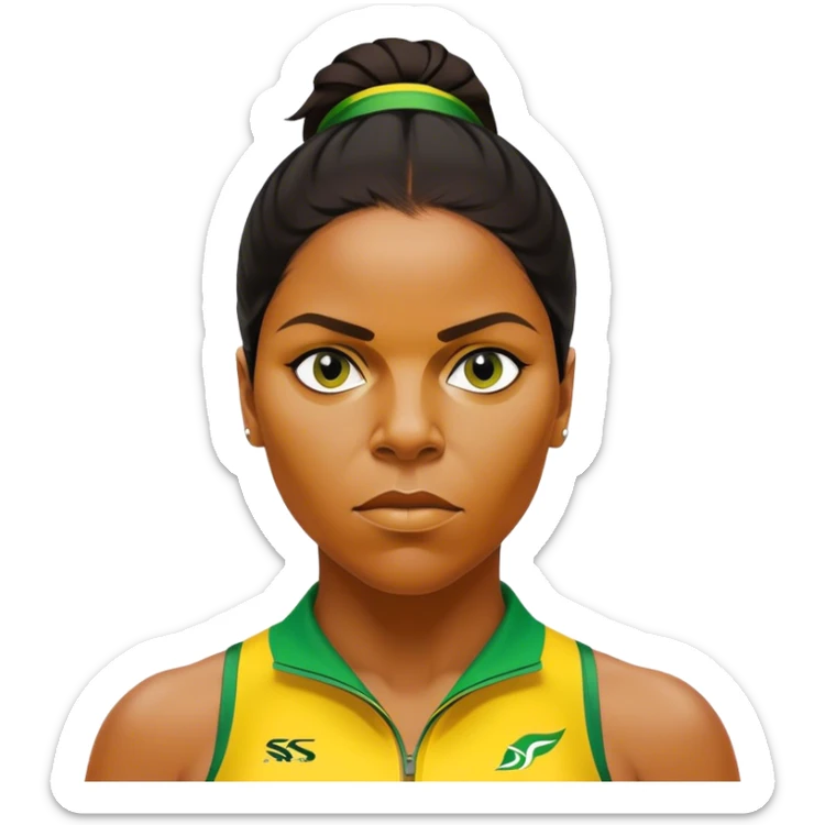 Cinematic Realistic portrait of Cathy Freeman, shown as an iconic Australian sprinter with a focused, determined expression and modern athletic yellow and green attire accented with subtle native motifs, rendered in dynamic, vibrant lighting sticker