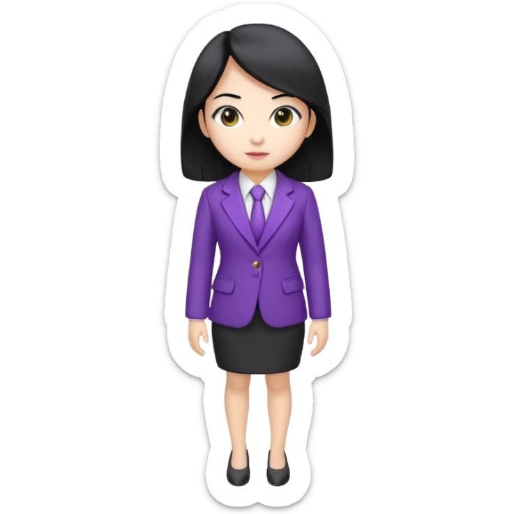 a full body mascot emoji of an Asian female with white skin, big eyes, middle-length black hair which is right at the shoulder, wearing purple business coat and formal suit. Cartoon style. Based on https://attic.sh/fo2aiwi8rc6a78g57vqif7y6z117 sticker