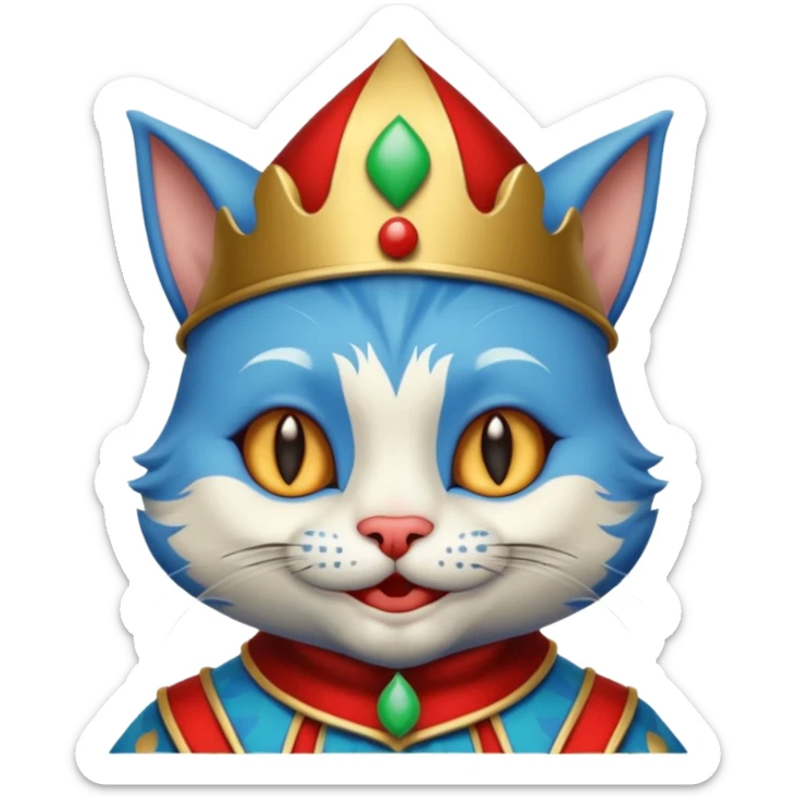 crazy colorful cute little cat jolly joker from poker, medieval, vintage, court jester, mac os icon, blue color sticker