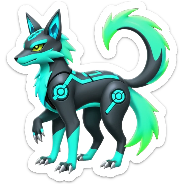 Black and green cyberpunk intricate neon glowing grey white futuristic cyborg-Zeraora-Zoroark-Umbreon-Litten-Salandit-fusion (full body) sticker