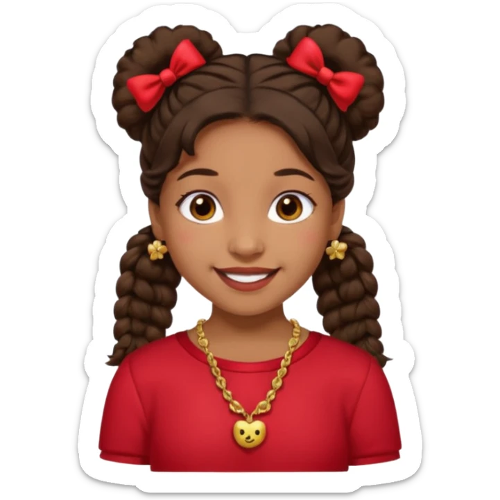 Brownskin girl dark brown hair fluffy. pigtails with red bows brown eyes smiling closed mouth red shirt gold esrrings gold necklace sticker
