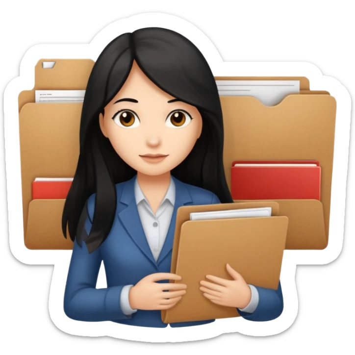 a light tan woman with long black hair past mid-back, round brown eyes and manila folder in her hands sticker