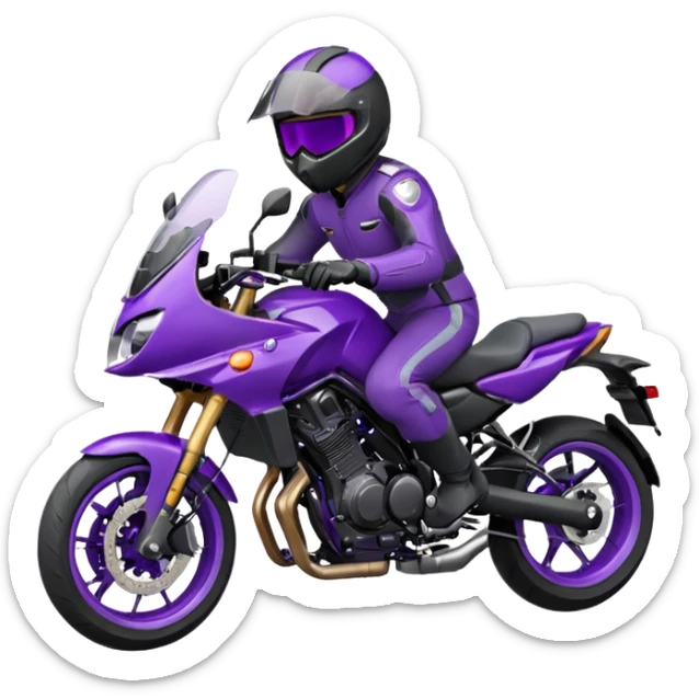 Créer un emoji avec une moto mt07 sport noir mate / violet iridescent très foncé, pare-brise de la moto violet. Avec une pilote dessus, visage masqué par la visière violette . Avec en arrière plan cercle violet. sticker
