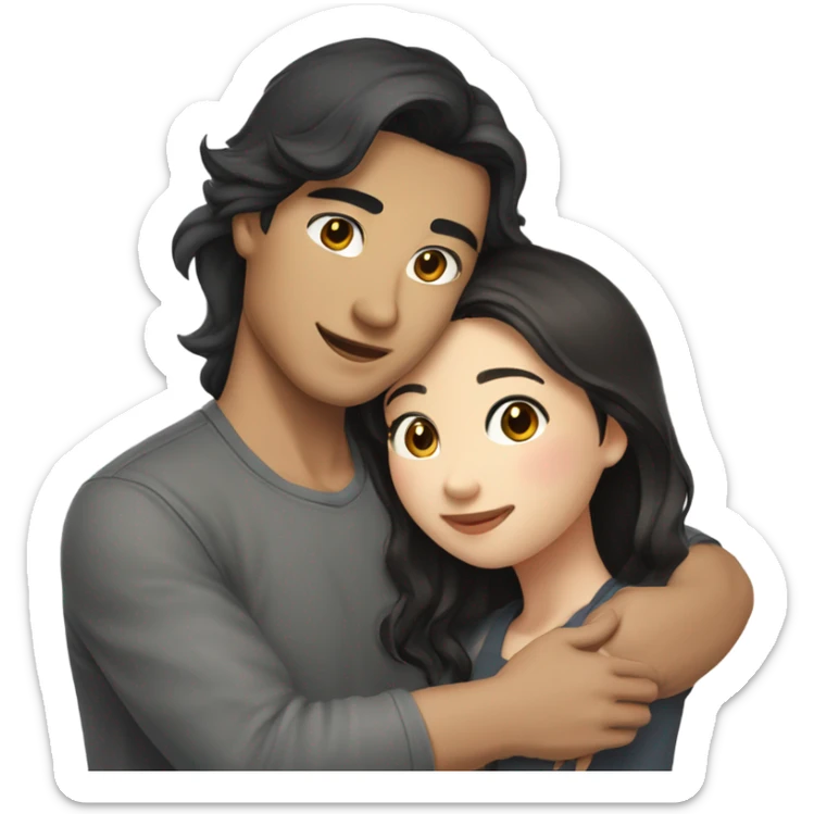 A cute Asian couple hugging each other very tight. The girl has long dark wavy hair and pale skin and dark hazel eyes, the Man has short dark straight hair and bright amber eyes and is pale sticker